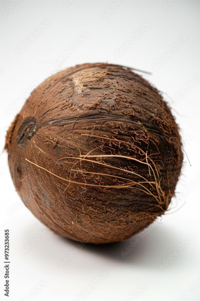 Close-up shot of a coconut on a white surface, suitable for food, tropical or nature-related projects Close-up shot of a coconut on a white surface, suitable for food, tropical or nature-related projects