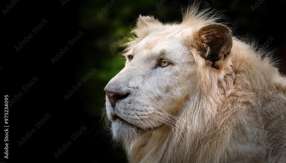 Majestic White Lion Resting in a Serenely Lit Grassland During Twilight, Displaying Its Regal Stature and Ethereal Beauty Against a Moody Blue Background Majestic White Lion Resting in a Serenely Lit Grassland During Twilight, Displaying Its Regal Stature and Ethereal Beauty Against a Moody Blue Background