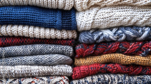 Colorful Knitted Sweaters Stacked in Cozy Pile