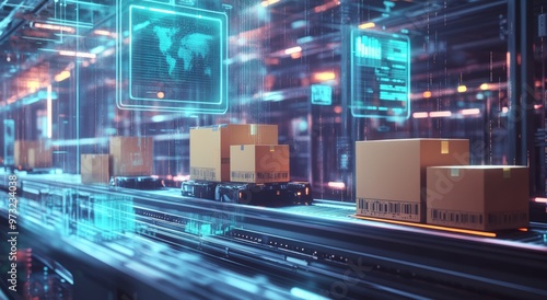 Smart warehouse management system using augmented reality technology to identify package picking and delivery . Future concept of supply chain and logistic business	