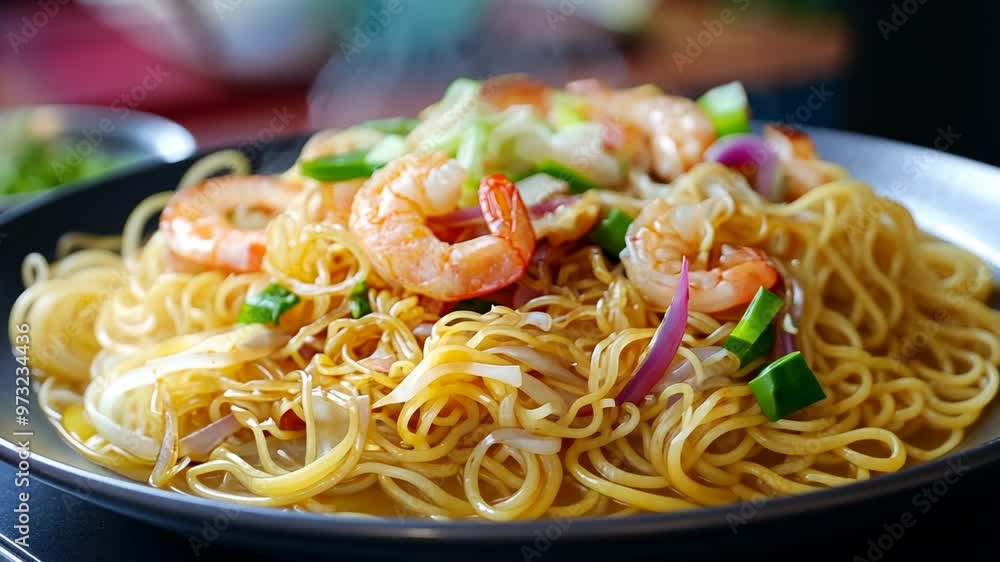 Delicious shrimp stir-fry with noodles prepared in a bustling kitchen Delicious shrimp stir-fry with noodles prepared in a bustling kitchen