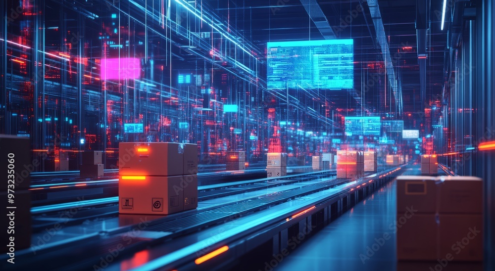 Fototapeta premium Smart warehouse management system using augmented reality technology to identify package picking and delivery . Future concept of supply chain and logistic business 