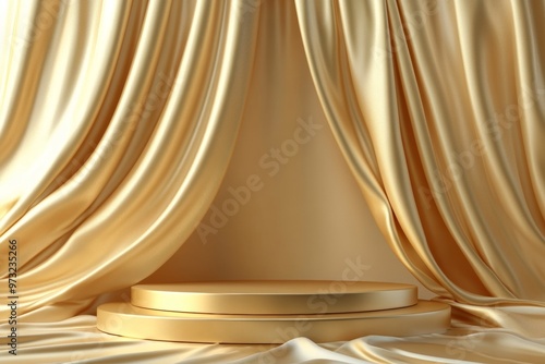 Podium gold fabric product background 3d luxury golden stage silk cloth abstract display. 