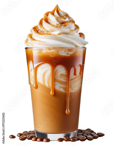 Indulge in a delicious caramel coffee drink topped with whipped cream and drizzled caramel. Perfect for dessert lovers. photo