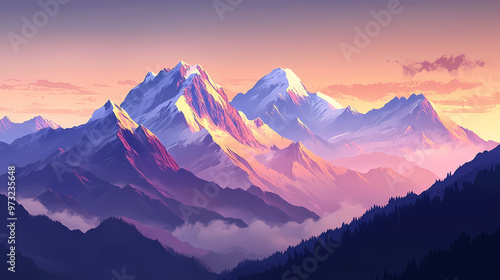 Majestic himalayan mountains at dawn during autumn with snow-capped peaks and misty valleys. Himalayan Mountains. Illustration photo