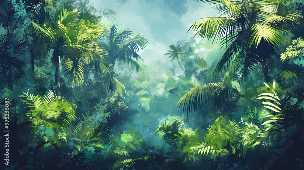 Panorama of dense jungle, wild forest with palm trees and tropical plants. landscape of green wilderness, thick, theme of adventure, nature and rainforest. Amazon Rainforest. Illustration Panorama of dense jungle, wild forest with palm trees and tropical plants. landscape of green wilderness, thick, theme of adventure, nature and rainforest. Amazon Rainforest. Illustration