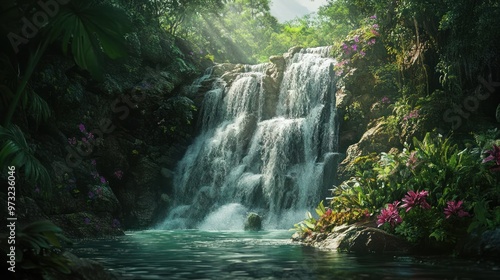 Tranquil Waterfall in a Lush Tropical Forest