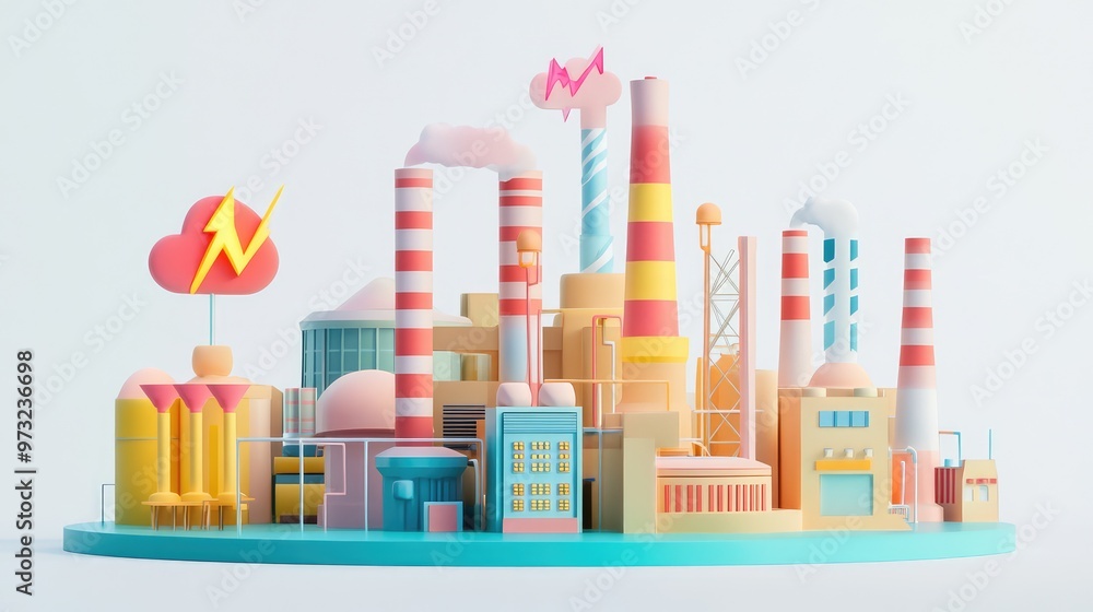 Simple and cute 3D power plant, showcasing colorful details like lightning symbols and smokestacks, with a clean, modern white background Simple and cute 3D power plant, showcasing colorful details like lightning symbols and smokestacks, with a clean, modern white background