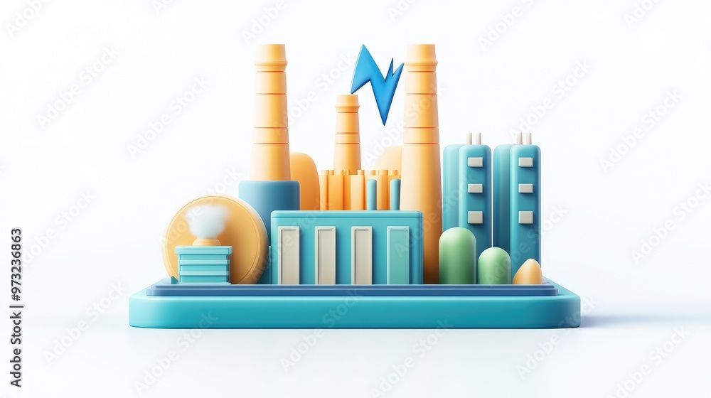 A 3D icon of an electric power plant with a lightning bolt, cooling towers, and a simple facade, featuring a clean white background for a sleek appearance A 3D icon of an electric power plant with a lightning bolt, cooling towers, and a simple facade, featuring a clean white background for a sleek appearance