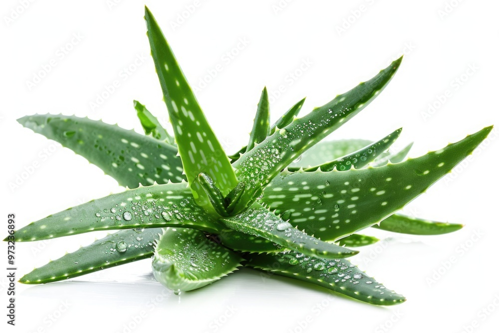 Fototapeta premium A detailed view of a leafy plant with dew or raindrops glistening on its surface