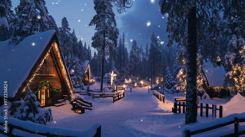 Snowy Village Winter Wonderland with Christmas Lights photo