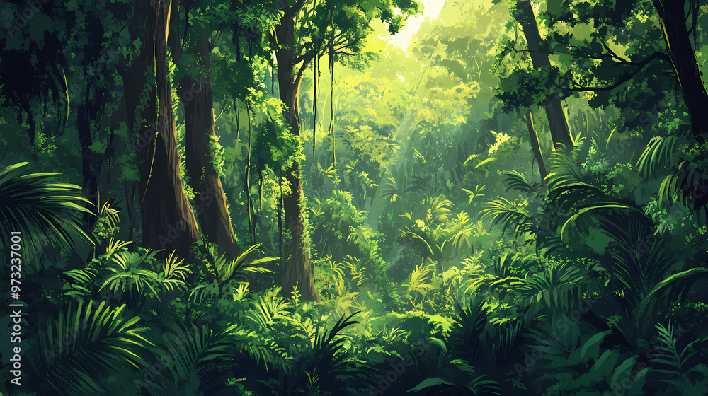 Obraz premium Rainforest. the tall trees are covered in vines and other plants. Amazon Rainforest. Illustration