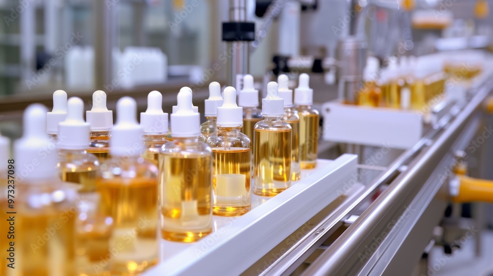Beauty product assembly line with multiple products on conveyor Close-up photo with clean background Beauty product assembly line with multiple products on conveyor Close-up photo with clean background
