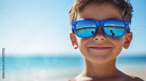 A young boy wearing blue sunglasses is smiling at the camera. Concept of happiness and enjoyment, as the boy is posing for a picture on a sunny day at the beach