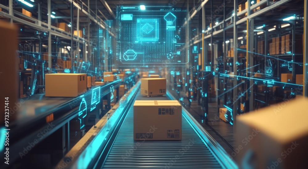 Fototapeta premium Digital rendering of cardboard boxes on a conveyor belt with digital, tech, and data icons overlaying the scene.