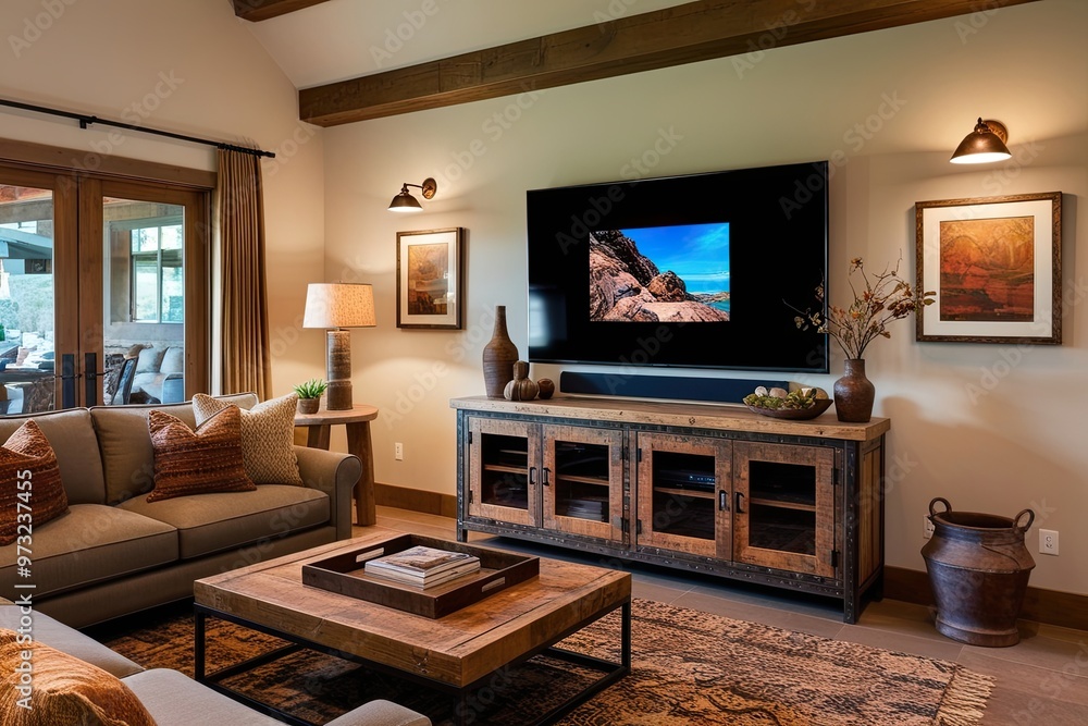 Cozy Living Area Featuring Big Screen Television on Rustic Console with Earthy Ambiance Cozy Living Area Featuring Big Screen Television on Rustic Console with Earthy Ambiance