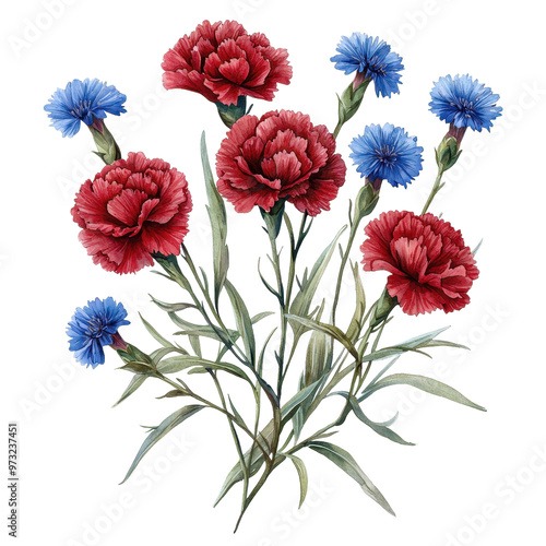 Vibrant bouquet of red and blue carnations with lush green foliage, perfect for decorative or artistic purposes.