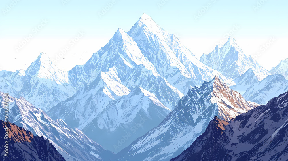 Obraz premium The mountains are covered in snow and the sky is clear. Himalayan Mountains. Illustration