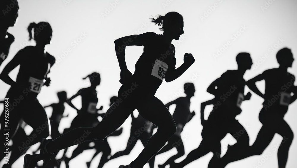 Black-and-white photograph of silhouettes of running people, depicting a running race in the background, against a white solid background Generative AI Black-and-white photograph of silhouettes of running people, depicting a running race in the background, against a white solid background Generative AI