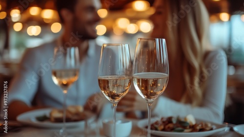 A couple is sitting at a table with two wine glasses in front of them. The man is smiling and the woman is looking at him. Scene is romantic and intimate