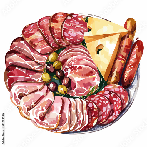 Watercolor Italian Charcuterie Platter with Cheese and Olives