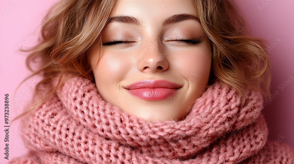 Closeup of a woman's face with pink scarf. Closeup of a woman's face with pink scarf.
