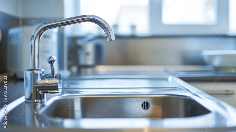 Bright and airy home kitchen interior featuring a stainless steel sink with an elegant faucet and minimalistic design. Close-up photo with clean background Bright and airy home kitchen interior featuring a stainless steel sink with an elegant faucet and minimalistic design. Close-up photo with clean background