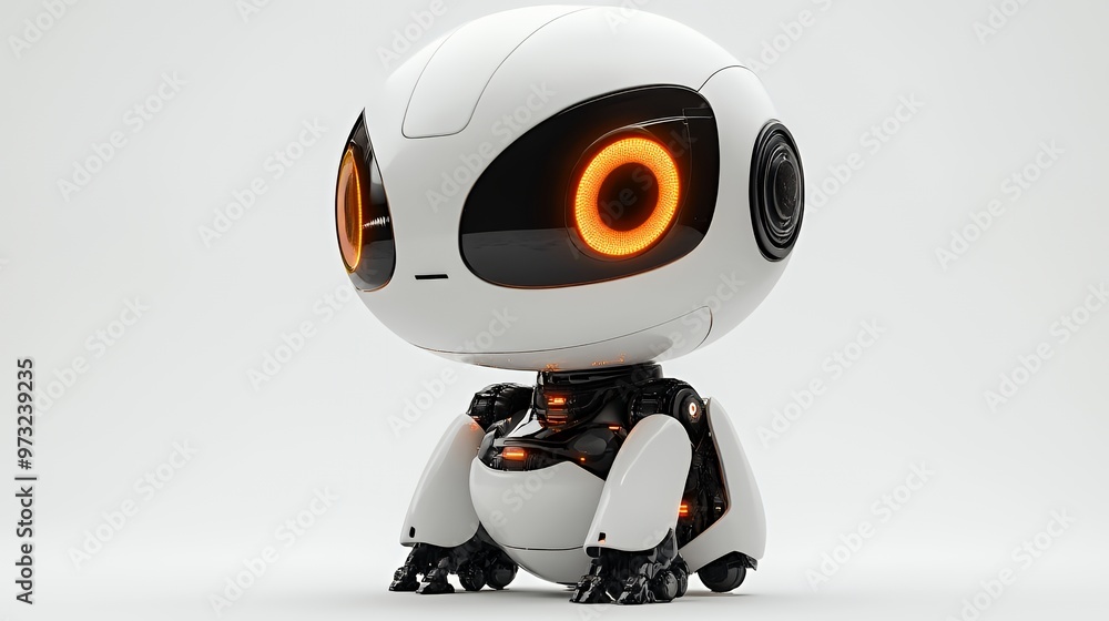 A white robot with glowing orange eyes and black details sits on a white background. A white robot with glowing orange eyes and black details sits on a white background.