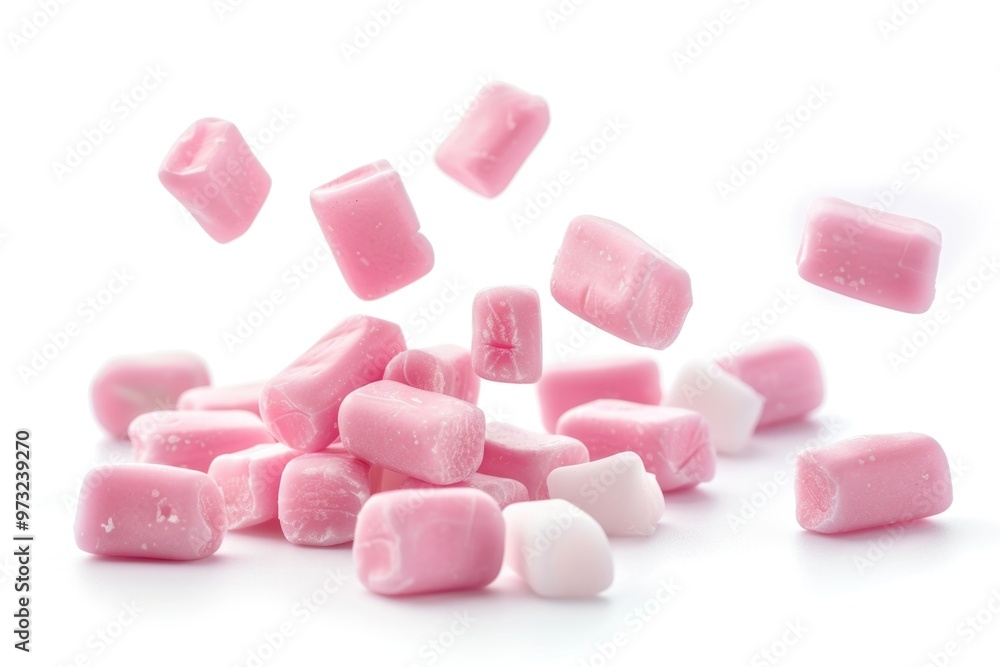 A pile of pink and white marshmallows on a clean white surface, ideal for food photography or as a decorative prop A pile of pink and white marshmallows on a clean white surface, ideal for food photography or as a decorative prop