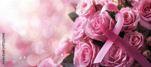 Breast Cancer Awareness Banner with Pink Ribbon and Roses for Marketing Campaigns photo