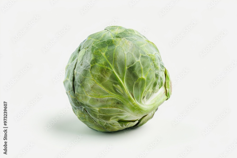 A fresh head of cabbage sitting on a clean white surface, perfect for food or gardening concepts A fresh head of cabbage sitting on a clean white surface, perfect for food or gardening concepts