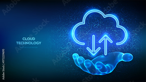 Cloud computing service. Cloud icon in wireframe hand. Secure Cloud Storage. Database storage, Data center. Upload download app. Circuit board pattern. PCB printed circuit texture. Vector illustration