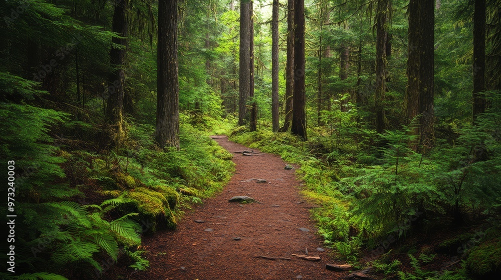 This lush forest trail invites nature lovers to explore its verdant beauty This lush forest trail invites nature lovers to explore its verdant beauty