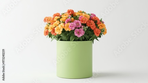 Lush lantana flowers in a green hat box, perfect for a lively and natural floral arrangement.