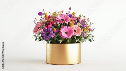 A luxurious bouquet of mixed seasonal flowers in a golden hat box on a white background.