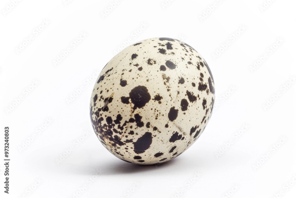 A single white and black spotted egg lying on a white surface, perfect for nature or animal-related designs A single white and black spotted egg lying on a white surface, perfect for nature or animal-related designs
