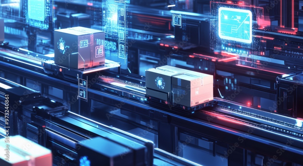 Digital rendering of cardboard boxes on a conveyor belt with digital, tech, and data icons overlaying the scene. Digital rendering of cardboard boxes on a conveyor belt with digital, tech, and data icons overlaying the scene.