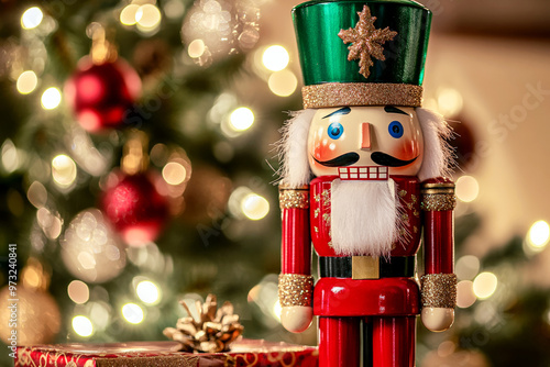 Christmas nutcracker figurine against beautifully decorated Christmas tree, personifying traditional style of Christmas decorations. Generative AI