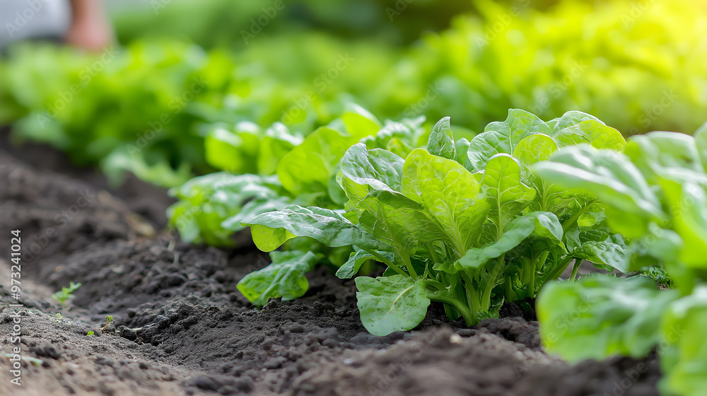 Fresh organic lettuce grows on a lush farm, effective eco-friendly farming Fresh organic lettuce grows on a lush farm, effective eco-friendly farming