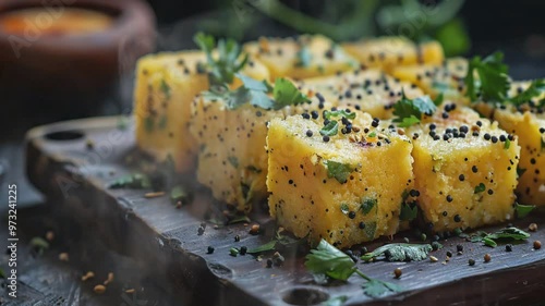 Dhokla on the table moves with smoke around