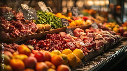 Butcher Shop Display with Fresh Produce