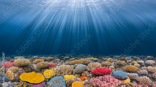 Underwater landscape featuring coral reefs in the blue sea, free space for adding text photo