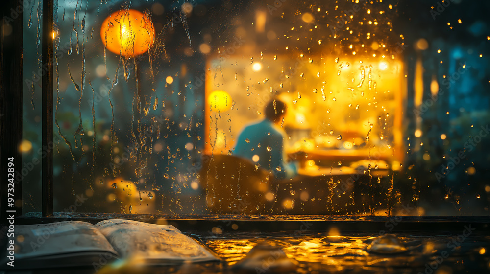 Raining on the window of the coffee shop Raining on the window of the coffee shop