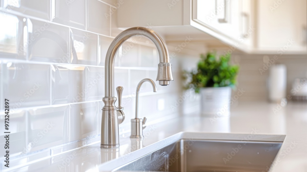 Clean and modern kitchen sink area with a brushed nickel faucet, surrounded by light-colored cabinetry and a simple, elegant backsplash. Close-up photo with clean background Clean and modern kitchen sink area with a brushed nickel faucet, surrounded by light-colored cabinetry and a simple, elegant backsplash. Close-up photo with clean background