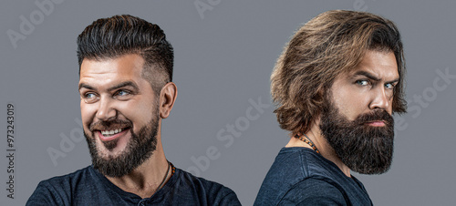 Hair, beard before and after haircut in barbershop. Shaved vs unshaven barber hair salon. Hair style hair stylist. Barber shop design. Before and after. Smile, serious