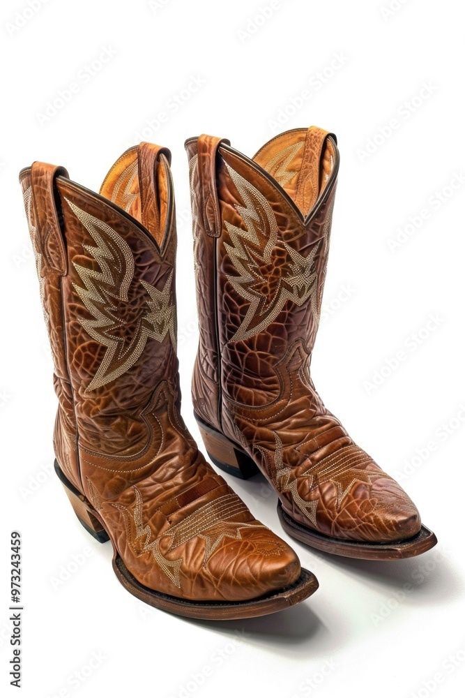 A pair of cowboy boots resting on a white surface A pair of cowboy boots resting on a white surface