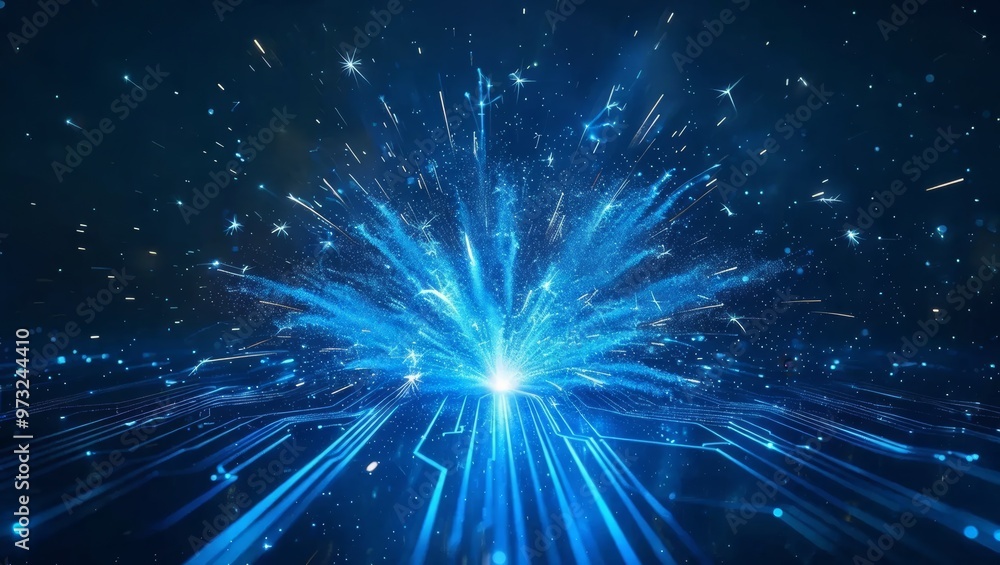 Explosive Digital Burst of Blue Light and Particles Explosive Digital Burst of Blue Light and Particles