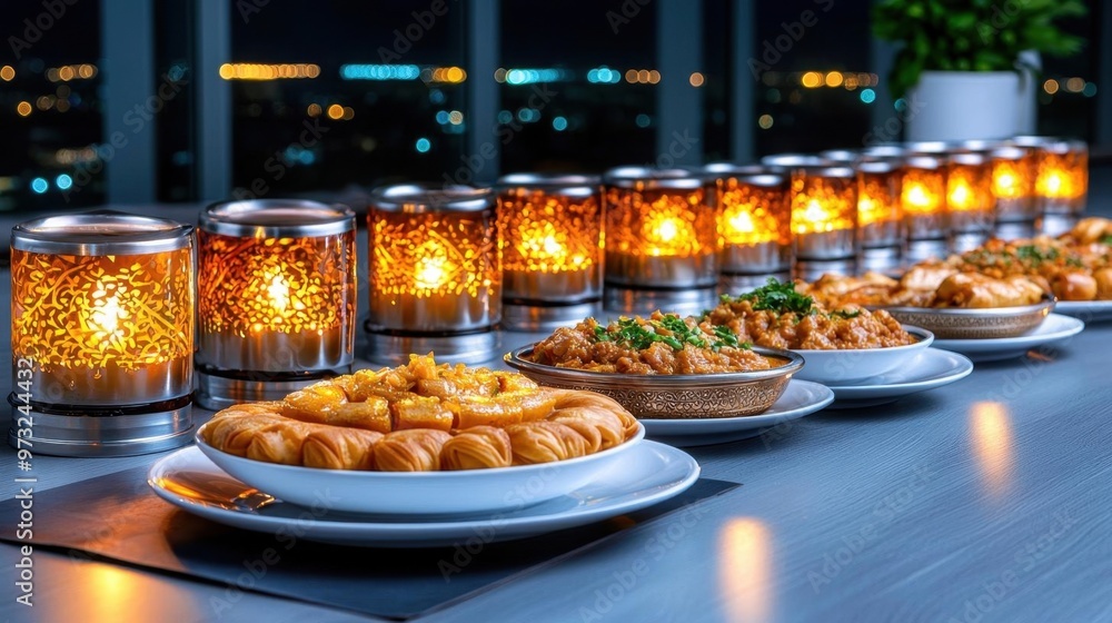 A beautifully decorated table with traditional dishes and glowing candles A beautifully decorated table with traditional dishes and glowing candles