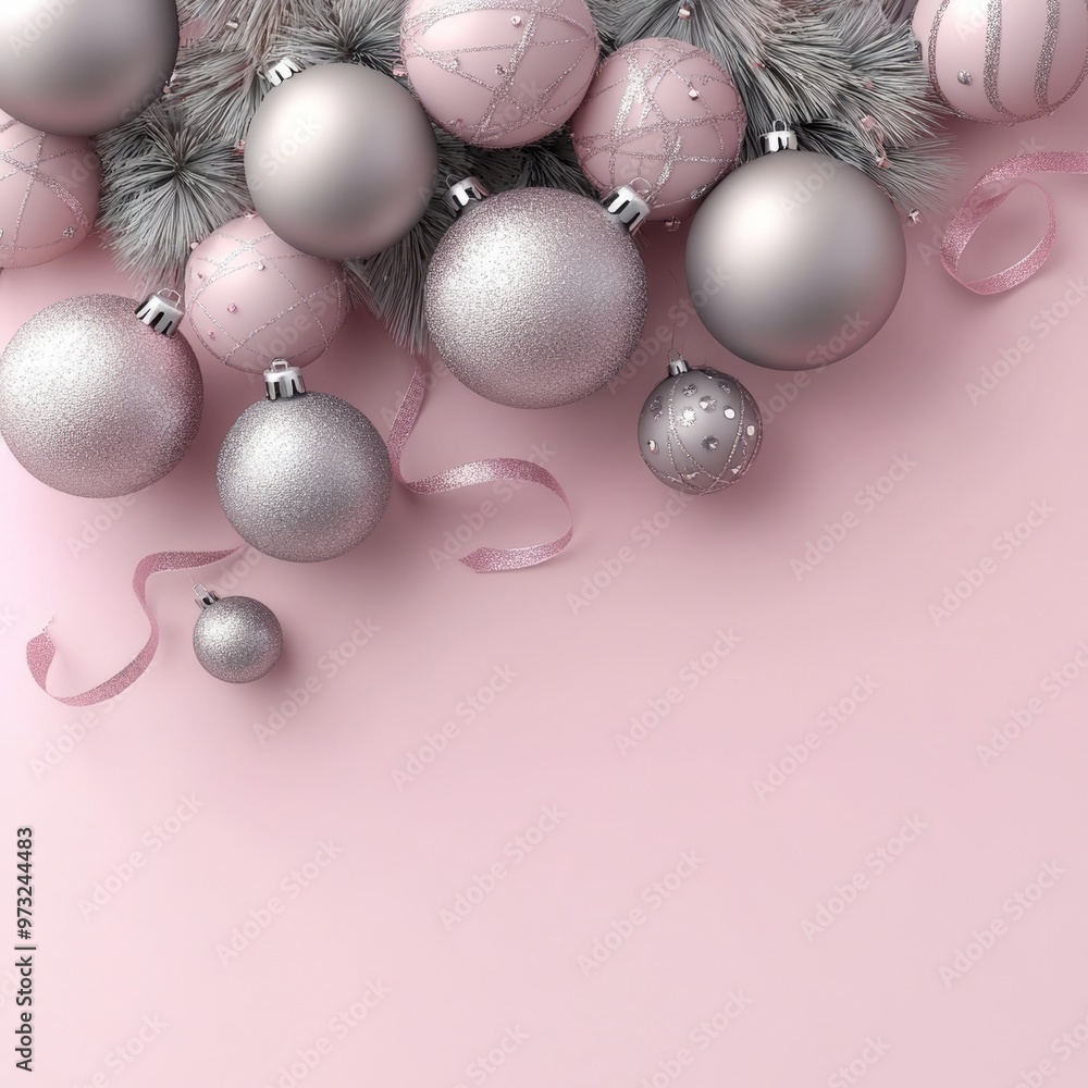 Christmas pink background with Christmas balls and decorations Christmas pink background with Christmas balls and decorations