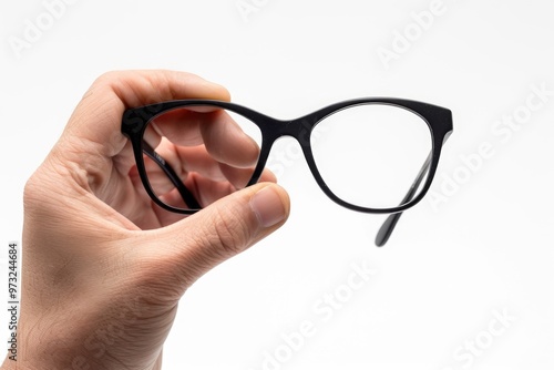 A person holds a pair of glasses in their hand, great for use in illustrations about vision care or everyday life